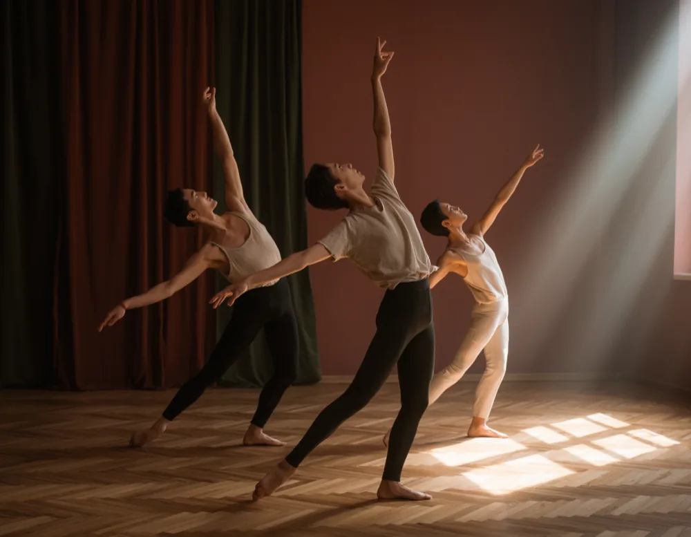Three dancers mid contemporary phrase on the Velour parquet, lit by one tall window