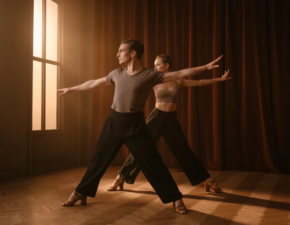 Two dancers in block heels holding a grounded stance on parquet in front of a velvet drape