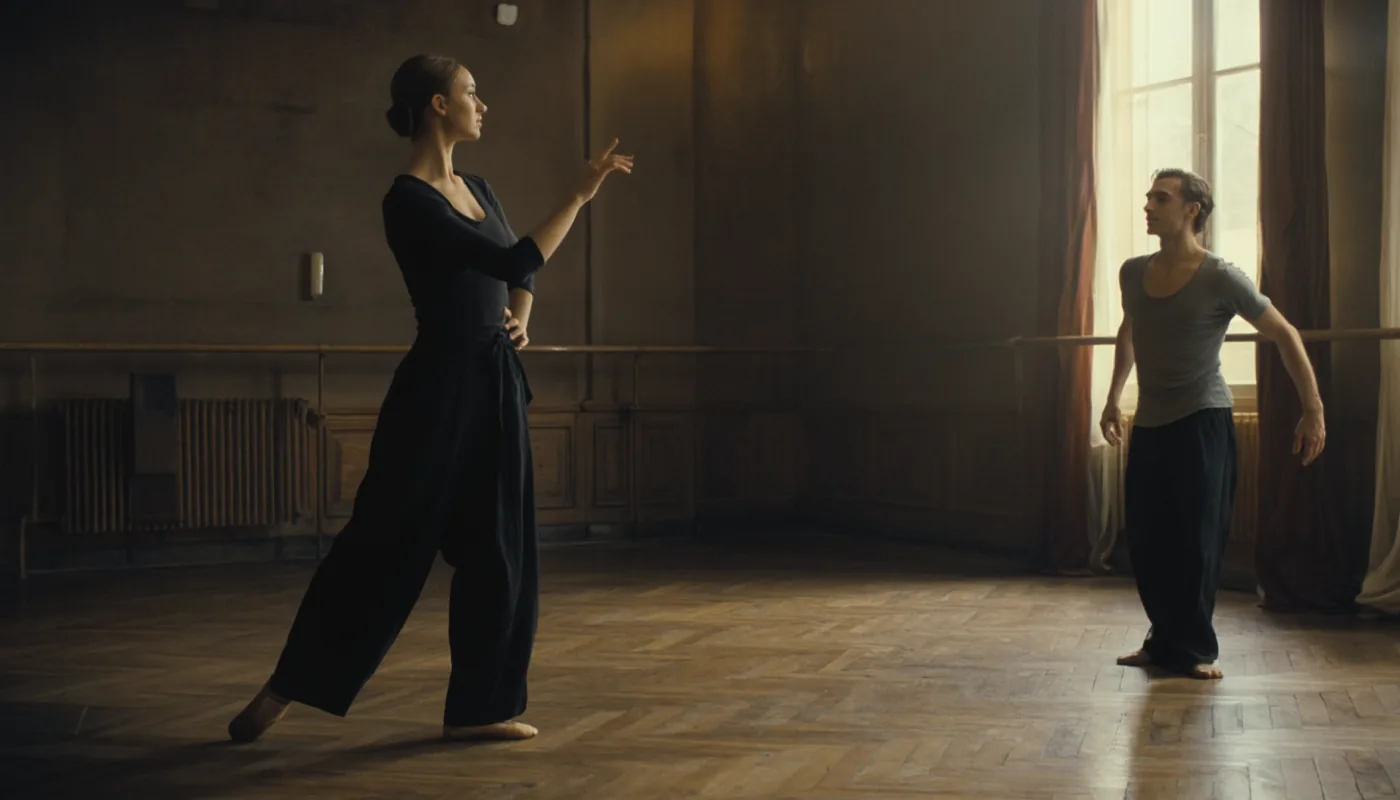 A teacher marking a movement with one hand while a dancer turns on the empty parquet floor